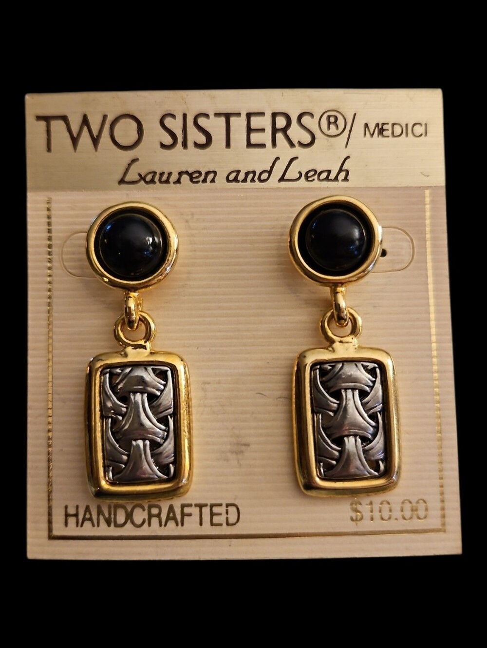 Vtg TWO SISTERS 1980s Basketweave Black Drop Earrings